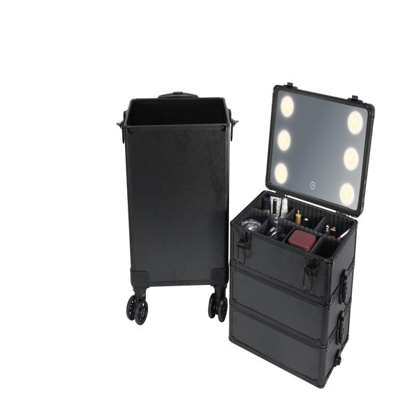 4-in-1 Draw-bar Style Interchangeable Aluminum Rolling Makeup Case-BLACK