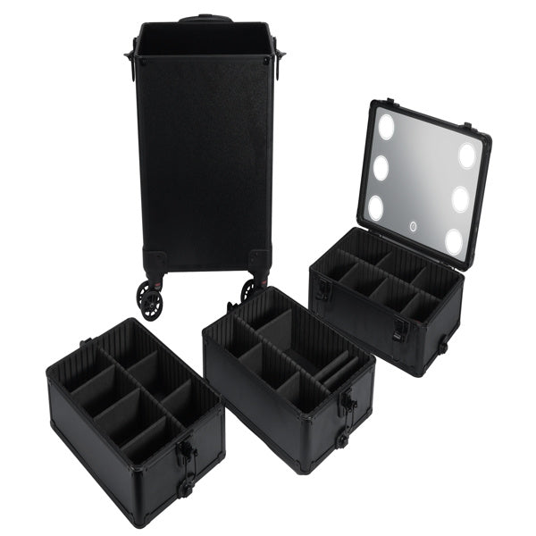 4-in-1 Draw-bar Style Interchangeable Aluminum Rolling Makeup Case-BLACK